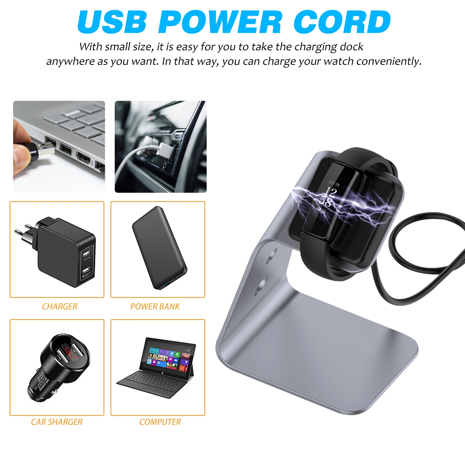 

Aluminum Alloy Smart Watch Dock Built- Protection Safe Stable Charging USB Cord Cable ClipDock Home Office Car
