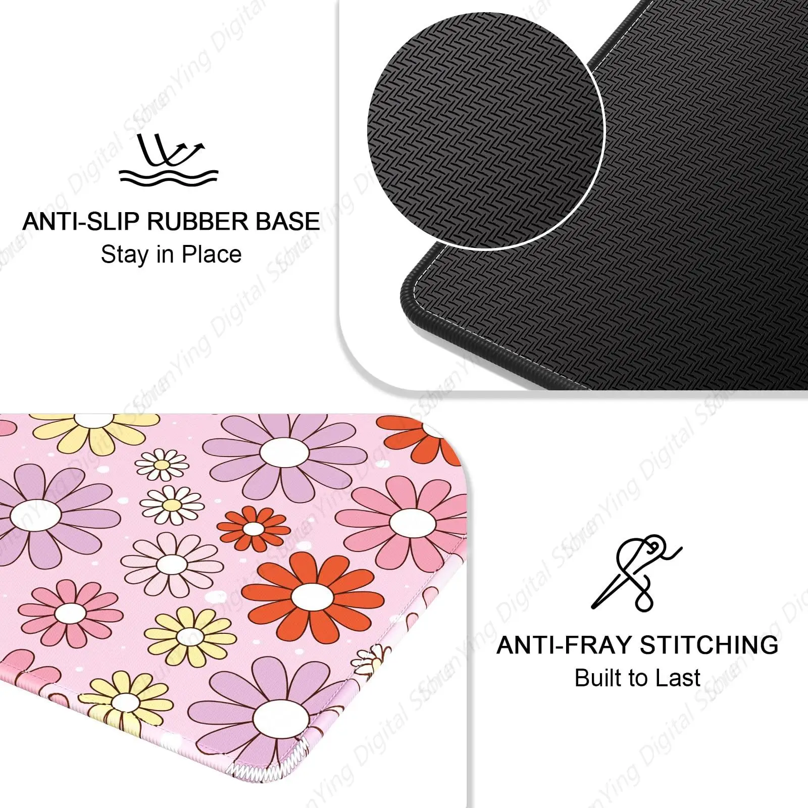 Mouse pad quadrado com padrão de flor vermelha e rosa, mouse pad de borracha antiderrapante e durável, adequado para trabalho de jogos e uso de escritório