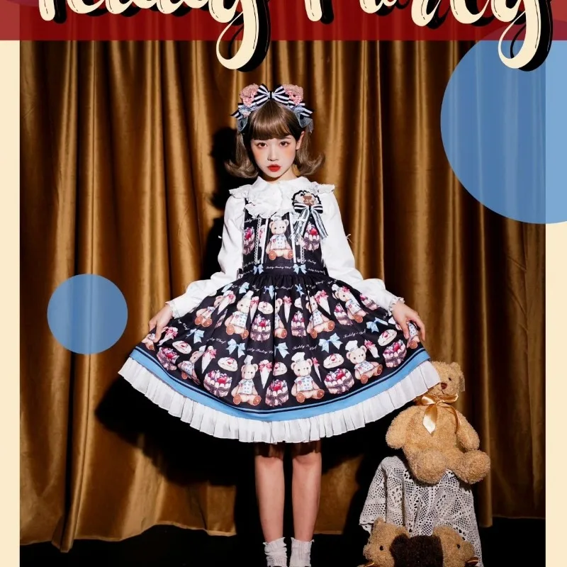 Japanese Kawaii Lolita Style Jsk Dress Women Sweet Cute Bear Print Bow Ruffles Princess Dresses Korean Fashion Party Mini Dress