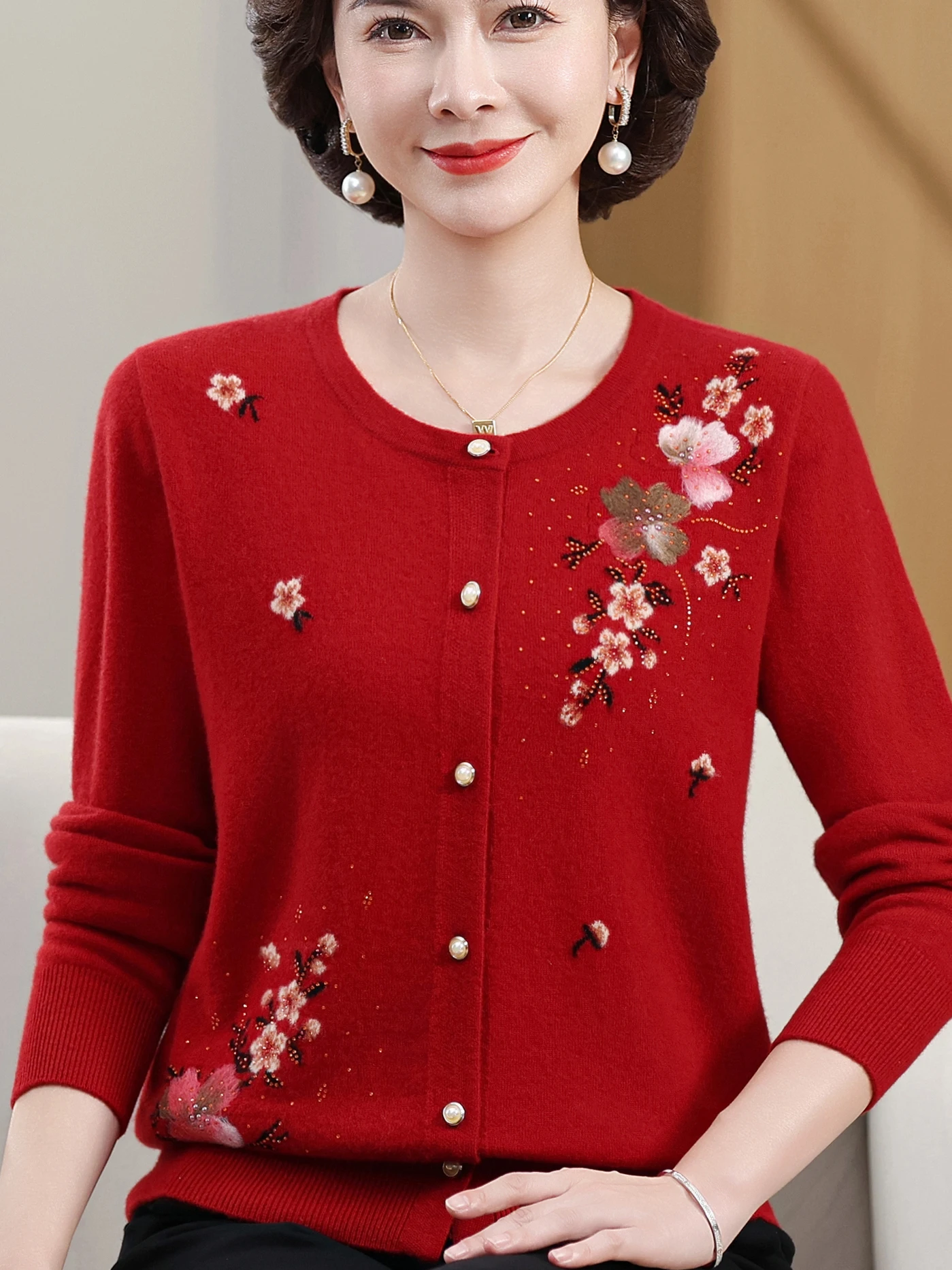 

Sli Embroidered Full Wool Knitted Top Cardigan Spring Autumn Thin Sweater Cardigan for Middle Aged And ly Women