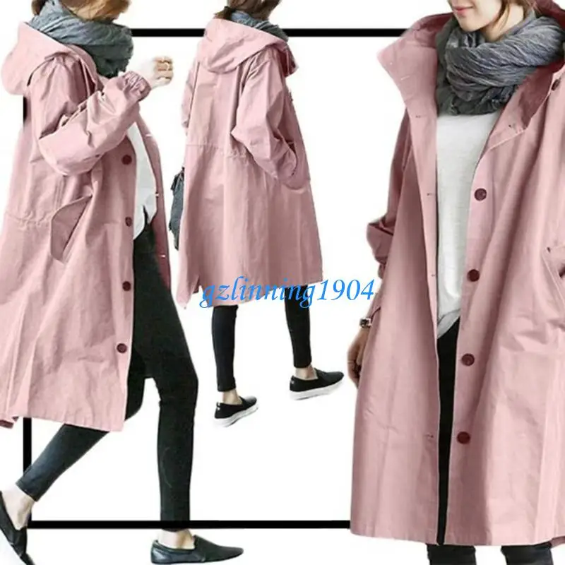 

L5YD Spring Fall Long Trench Single Breasted Gabardina Coats Hooded Windbreake