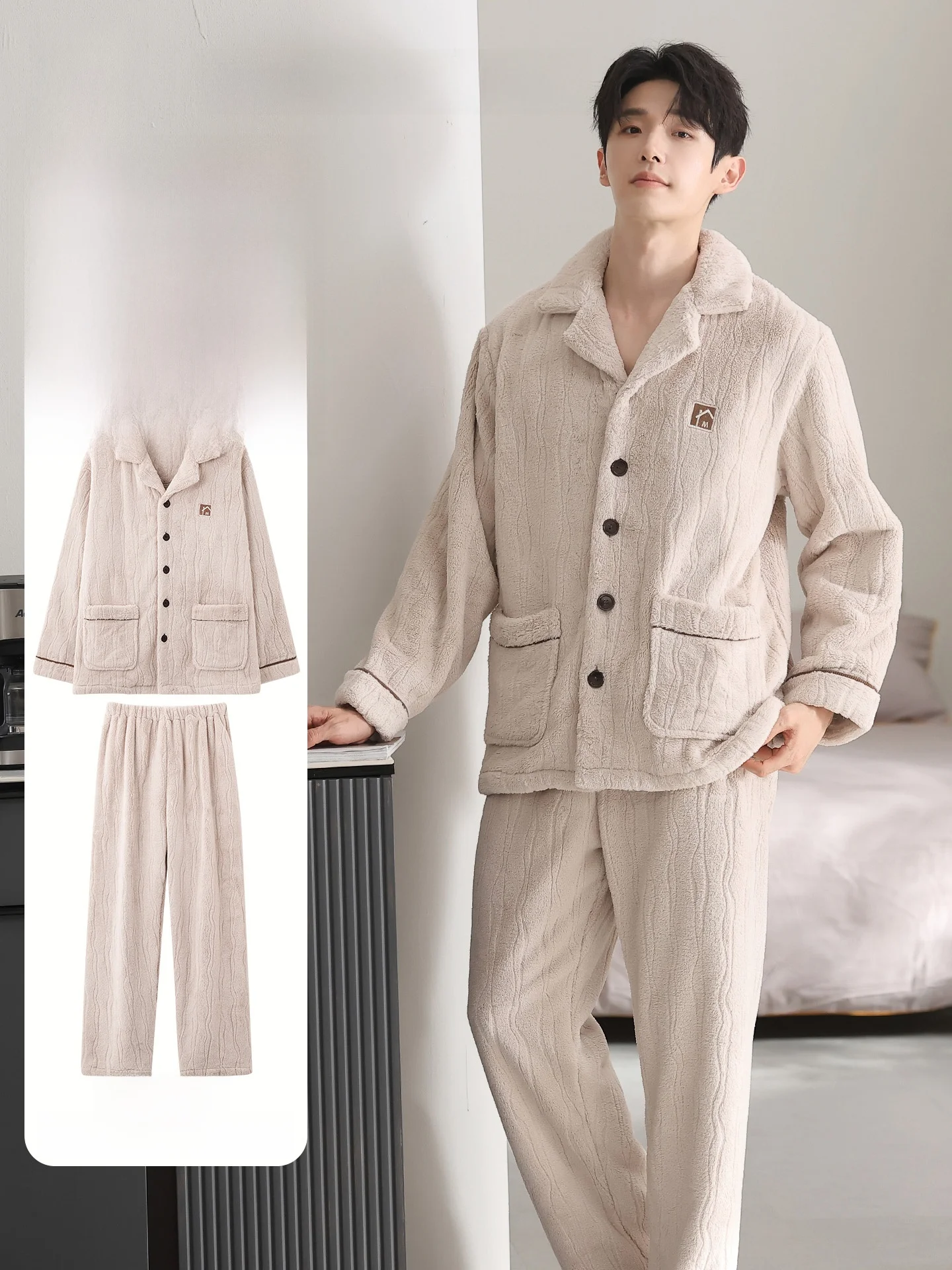 Men's Winter Pajamas Set Thickened Coral Fleece Long Sleeve Sleepwear Home Clothes Soft Polyester Fabric Casual Outfit