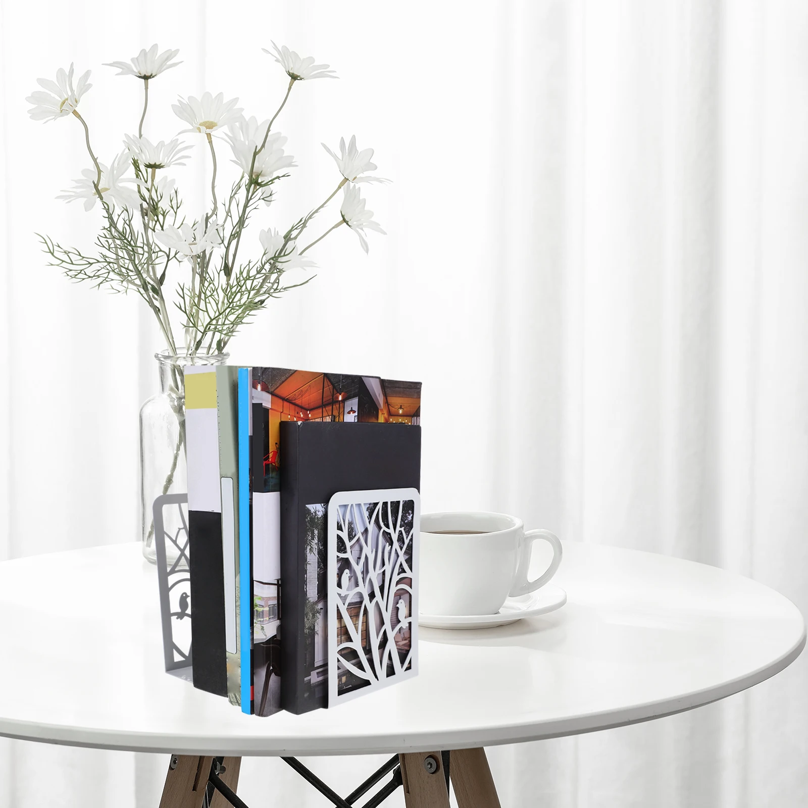 

2pcs Metal Bookends Hollow-Out Design Strong Book Holder For Heavy Books Tabletop Organizer For Home Office Library Use