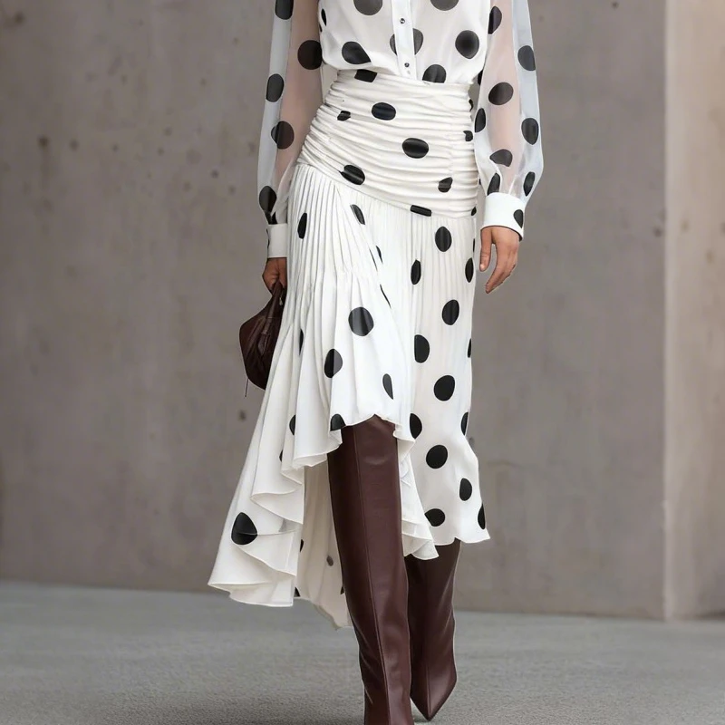 

Женская винтажная асимметричная плиссированная юбка в горошек Modigirl, 2026, универсальная шифоновая юбка с высокой талией для повседневного офиса, осенняя одежда