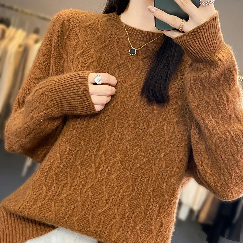 O-neck Loose Sweaters for Women, 100% Pure Wool, Knitting Jumpers, Female Pullovers, Woolen Clothes, New Fashion, 2023