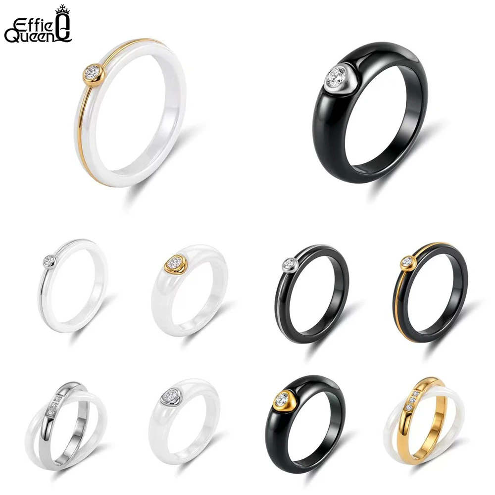 Effie Queen Stainless Steel Metal Ceramic Finger Ring Waterproof Minimalist Texture Dainty Zircon Ring Jewelry Accessories STTR