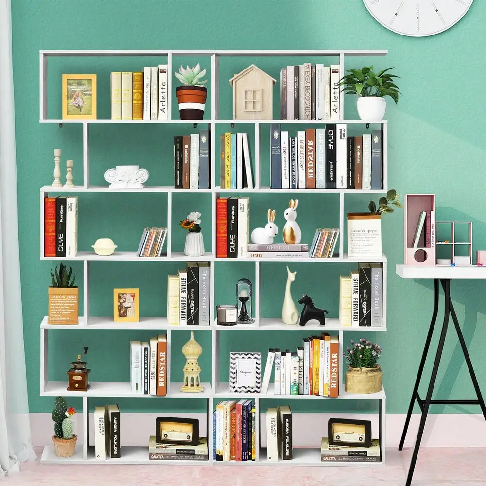 2 PCS 6 Tier S-Shaped Bookshelf Storage Display Bookcase Z-Shelf White