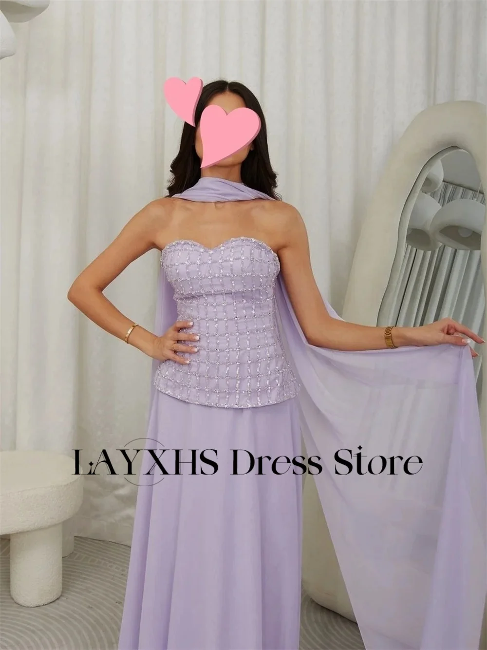 LAYXHS Elegante lila herzförmige Abendkleider, abnehmbarer Schal, A-Linie, bodenlang, Ballkleider, maßgeschneidert, فستان • Daug Menn Diego