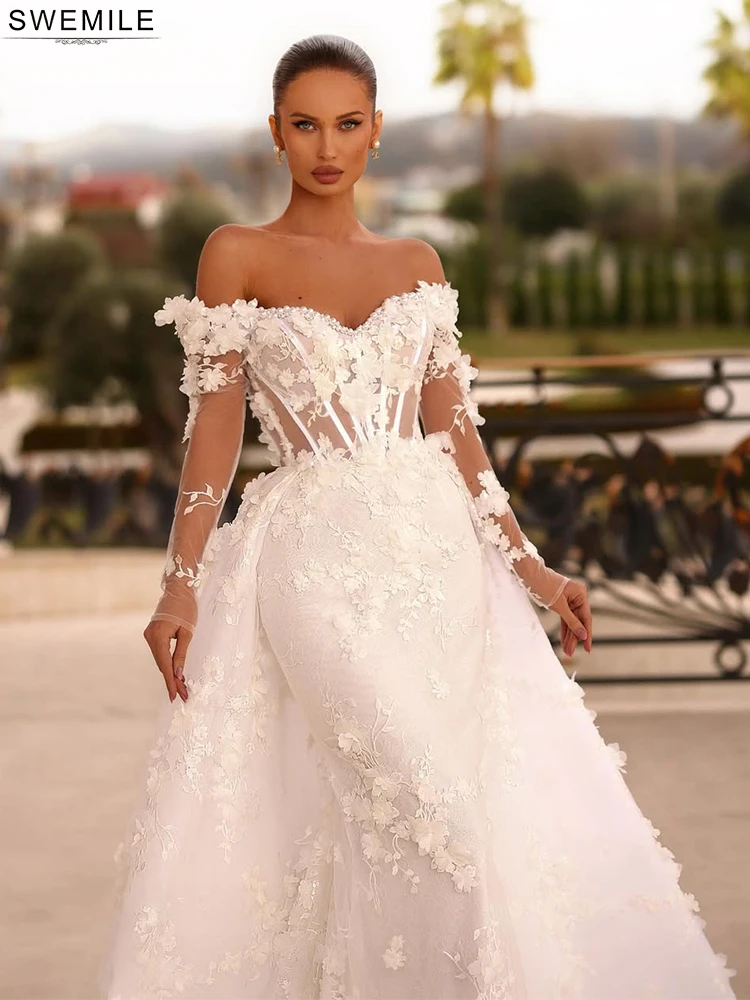 SWEMILE Appliques in pizzo Perle Abito da sposa Treno staccabile 2025 Fiore 3d Corsetto in osso Abiti da sposa Manica intera Vestido De Novia