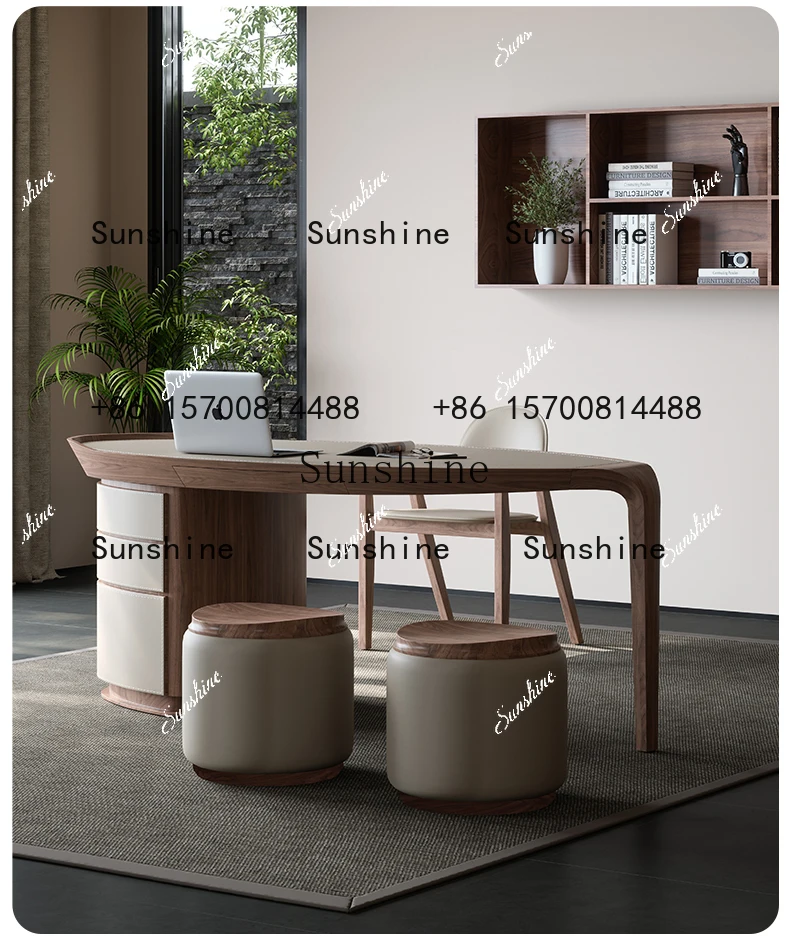 

Retro solid wood saddle leather desk, high-end desk Italian study writing desk FT