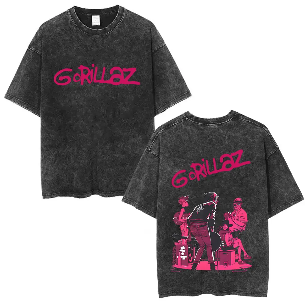 

Washed Vintage Rock Band Gorillaz Double Sided Print T-shirt Men Women Hip Hop Fashion T-shirts Men's Gothic Oversized T Shirts