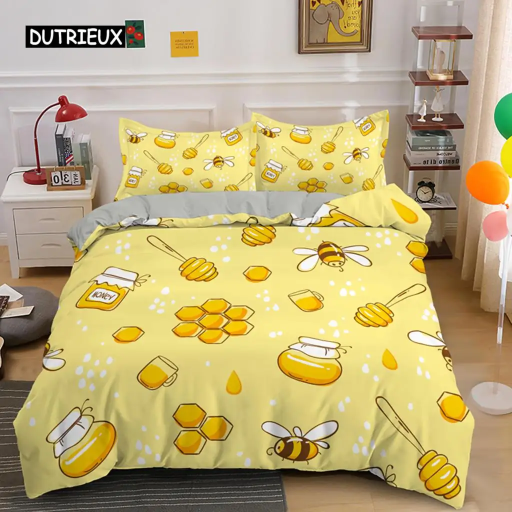 Cute Cartoon Bee Duvet Cover King Queen Sweet Honey Bedding Set Kids Boys Girl Spring Yellow Flying Insect Polyester Quilt Cover