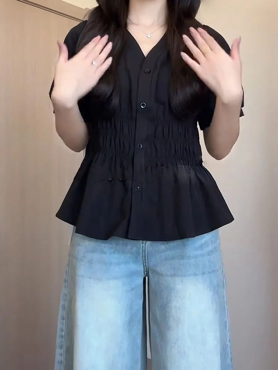 

plus Size Women's V-Ne Pleated ort Sve irt Slimming Folded Waist Summer Faionable Korean Sle Top Casual Wear