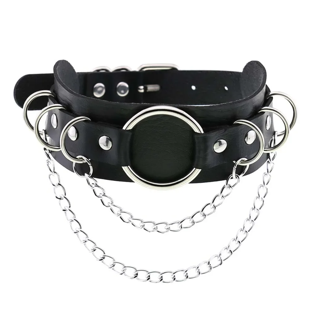 Punk Harajuku Personality Rock and roll Creativity Multiple rings Stainless steel Multicolored Leather Chain Necklace Simple