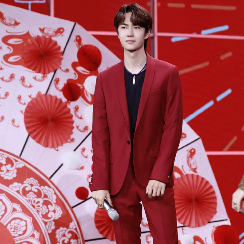 

Halloween New Men's Red Color Long Sleeves Casual Cotton Line Fashion Dreaa Formal Slim Fit One Button Suit Jacket Coat