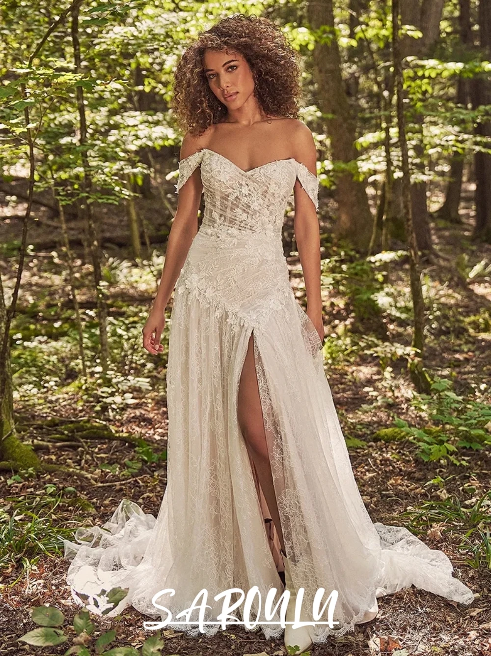

Gorgeous Floral Lace Bridal Gown With Slit Romantic Off Shoulder Modern Wedding Dress Buttons Back Delicate A line Women Wear