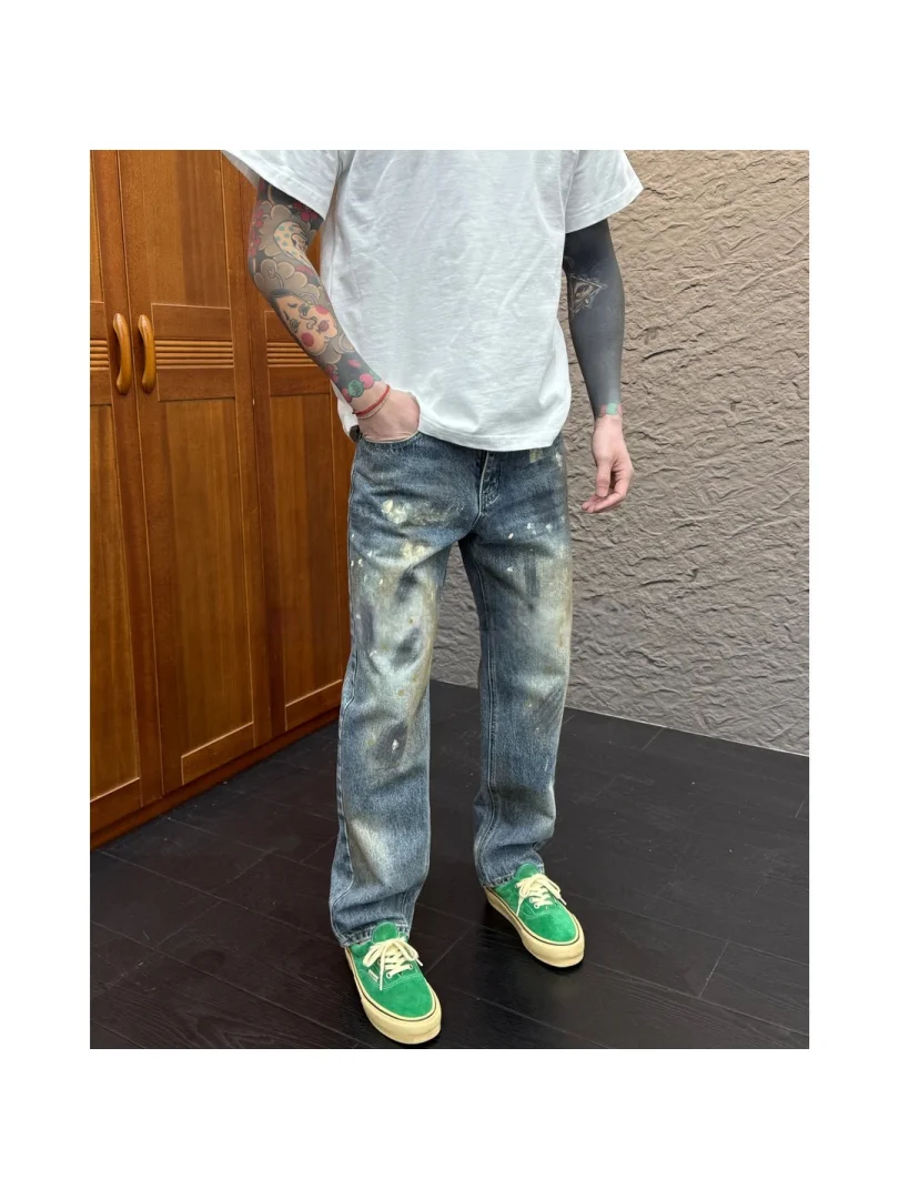 

Мужские джинсы Spring Birth: Новинка осенне-зимнего сезона, прямой крой, ручная роспись, неэластичный деним, повседневный городской уличный стиль