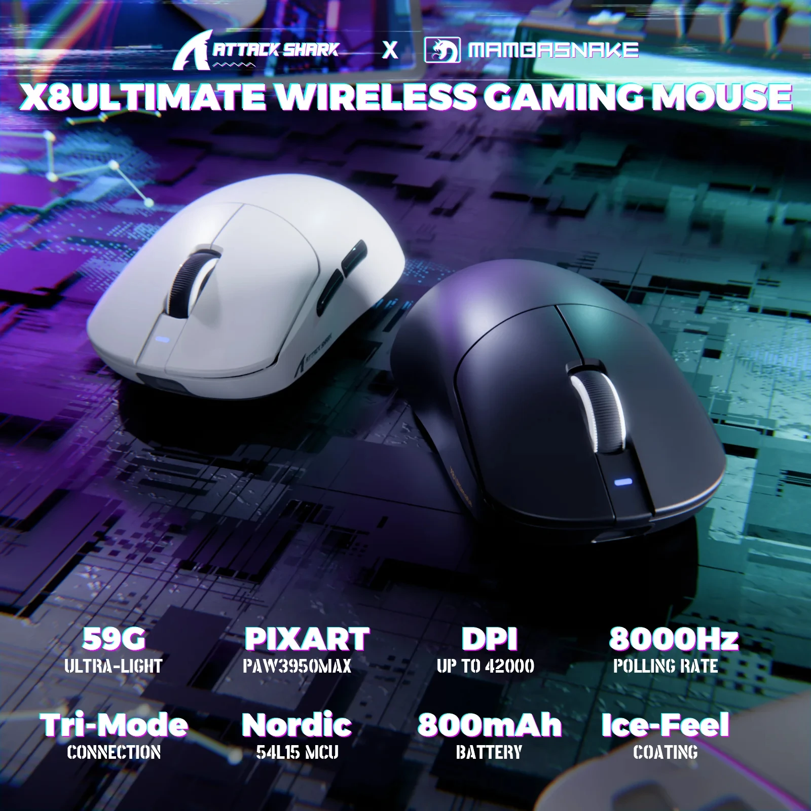 Attack Shark X8 Ultimate Lightweight Gaming Mouse, PAW3950 Flagship Chip, 8K Wired/Wireless Dual Mode Gaming Mouse for FPS Gamer
