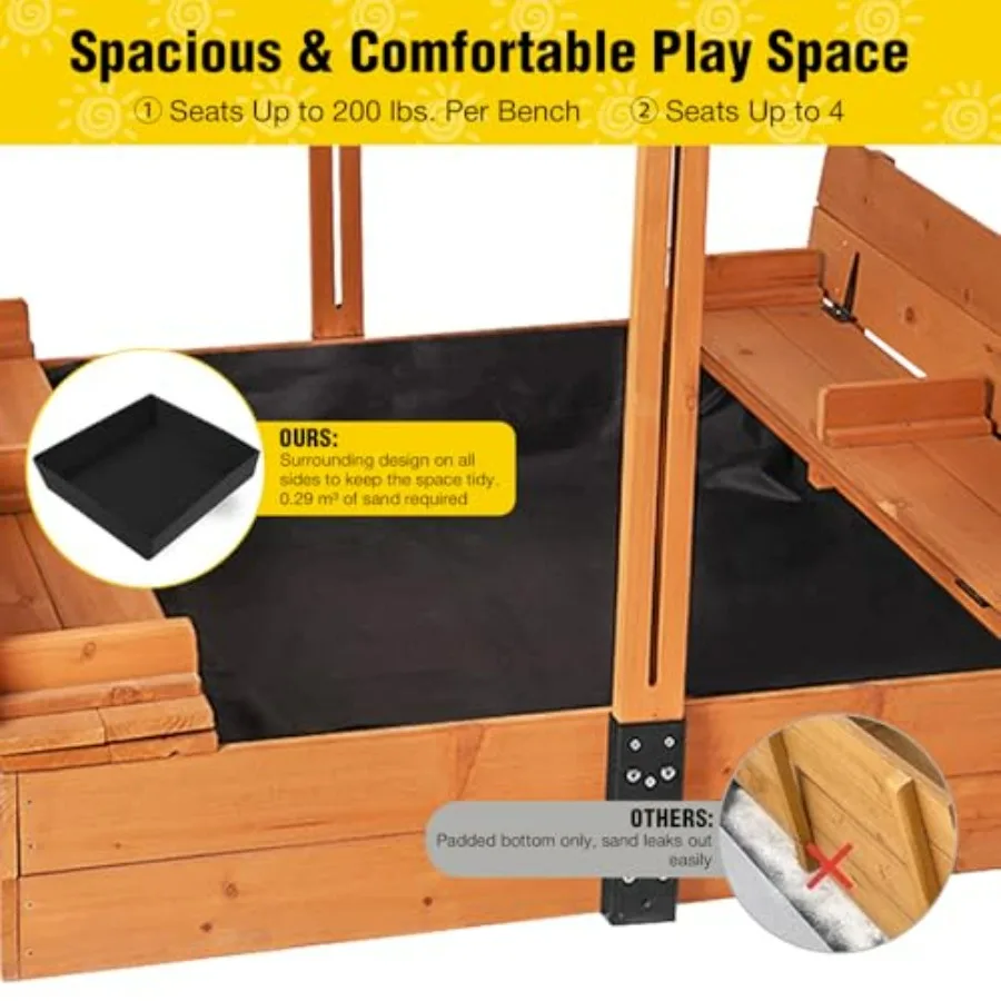 Outdoor sand table for kids ages 4-8: brown foldable sandbox with lid, retractable canopy, and built-in bench seats