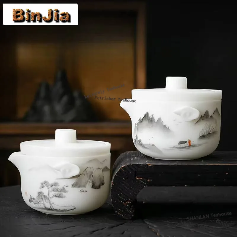 

160ml Sheep Fat Jade Handmade Teapot Hand-painted Auspicious Cloud Hand-grasp Pot Antique Teapot Tea Maker Kettle Cha Craft Gift