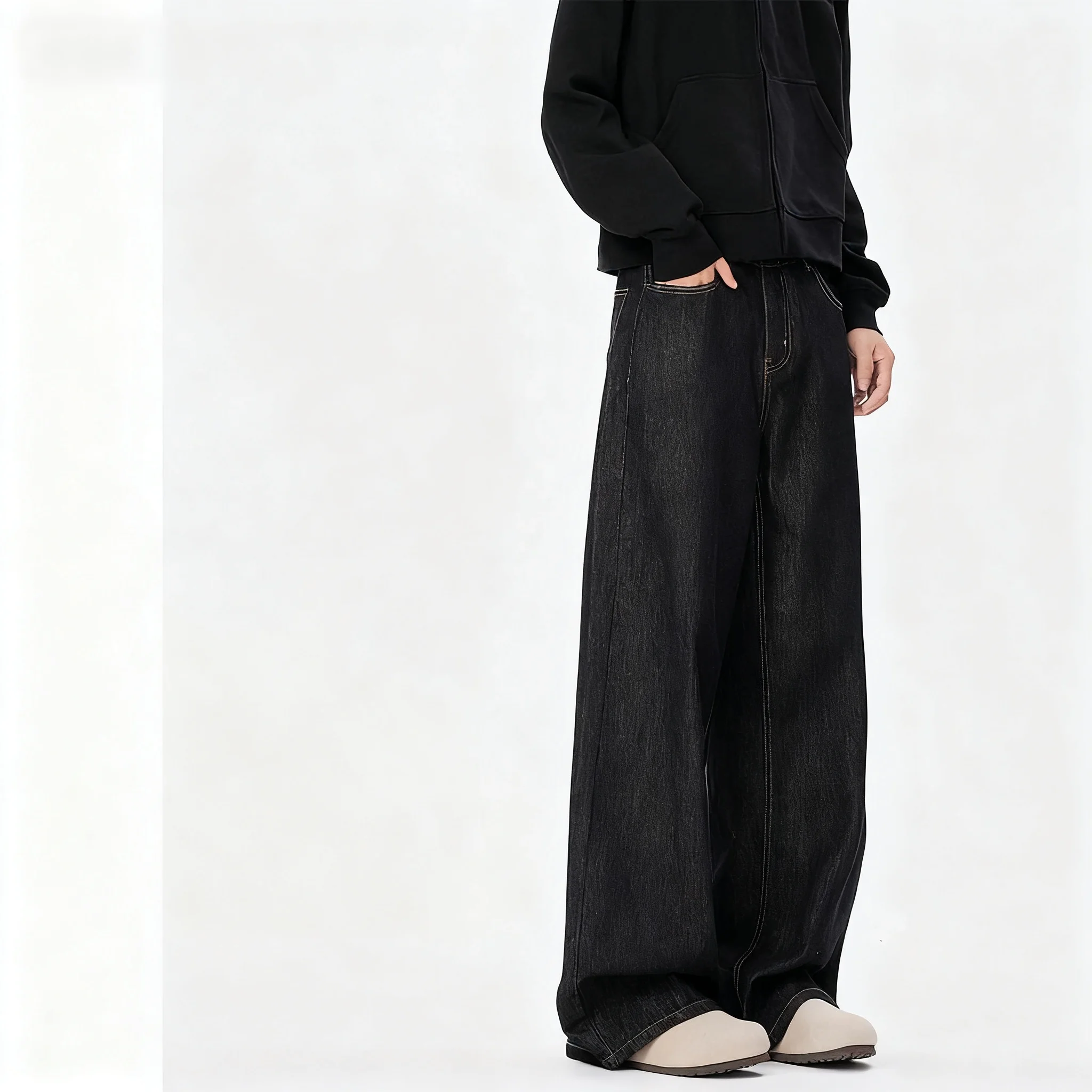 Primavera e outono nova cor básica não desbotada solta e resistente ao desgaste perna reta solta casual perna larga estilo neutro jeans