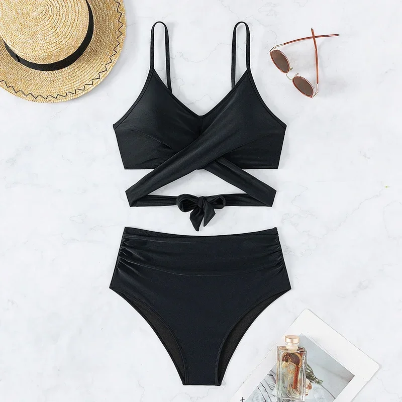 Maiô de duas peças de cor sólida para mulher, 2024 verão novo tankini de cintura alta, alça cruzada com decote em v sem costas praia maiô