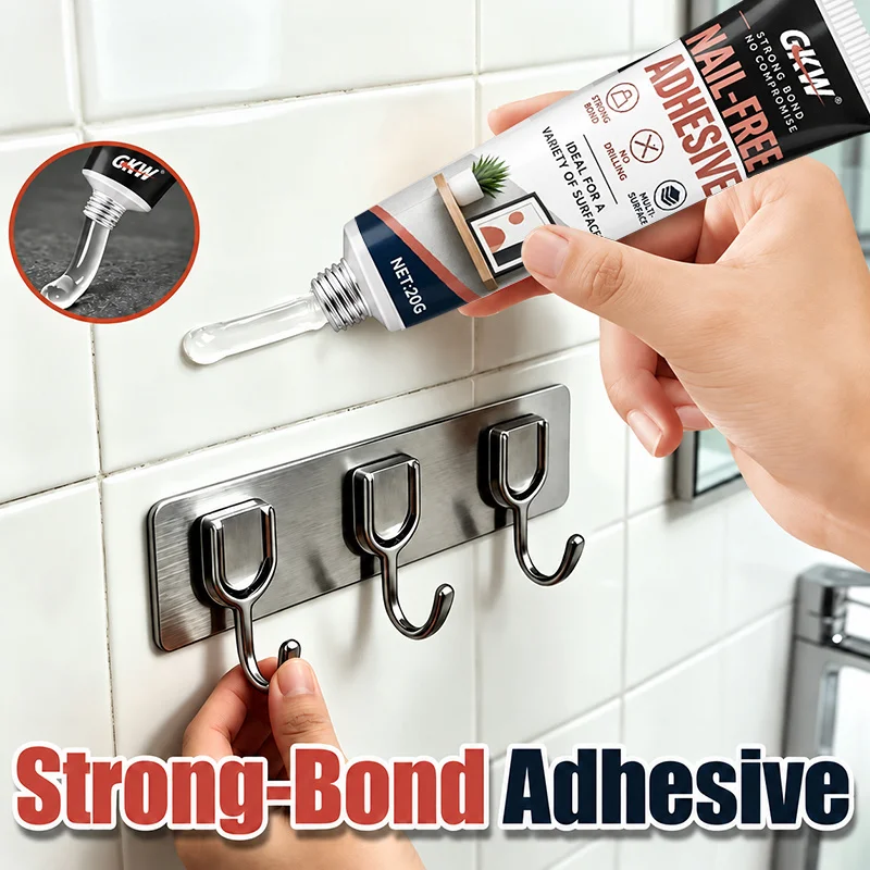 Strong No-Nail Adhesive, No Drill, No Damage, Fast-Dry, Strong Hold, Metal, Plastic, Ceramic, Glass, Wood, Hooks, Racks, Mirrors