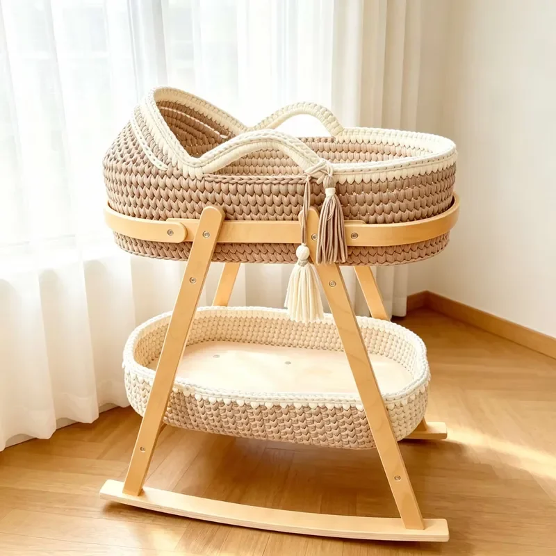 for Ins Style Hand Crocheted Baby Moses Basket with Rocker Luxury Crib Multifunctional Storage Basket Set