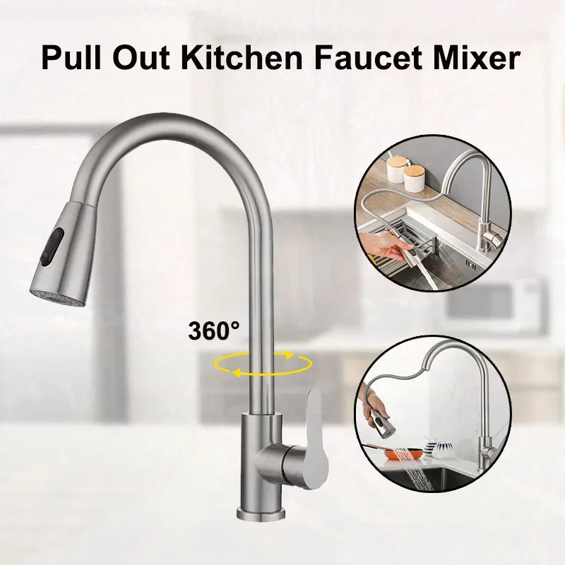 Pull Out Kitchen Faucet Single Hole  Brushed Nickel Kitchen Sink Mixer Tap Stream Sprayer Head Mixer Deck Mounted Hot Cold Tap