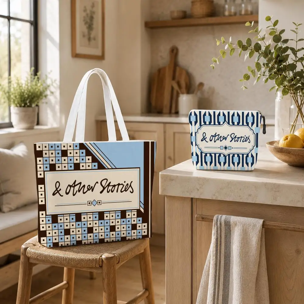 Fashion Brand Other Stories Storage Bags 2-Piece Canvas Tote Bag Set Double-Sided Print with Zipper Pouch Travel Gift for Women