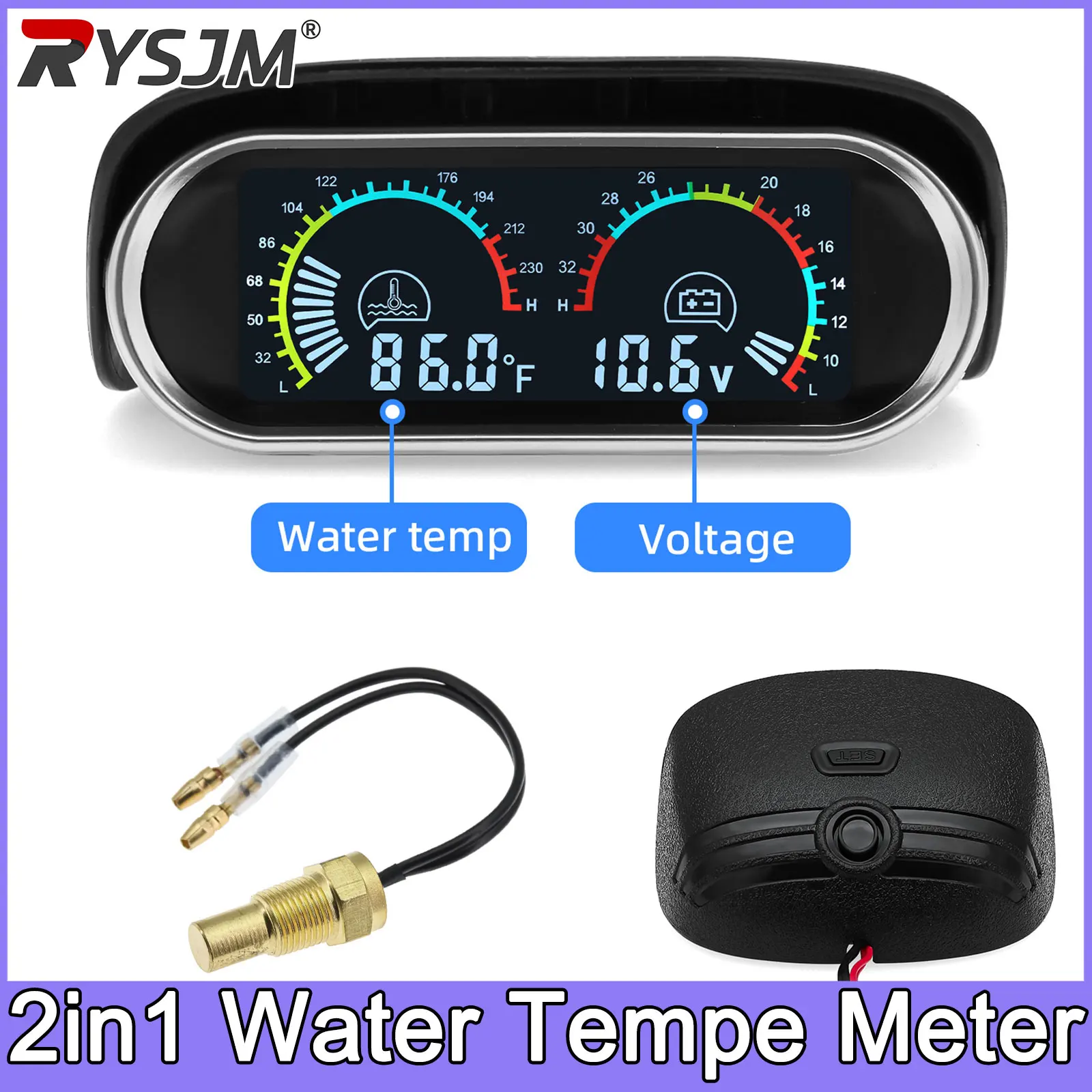 Universal 2 in 1 LCD Car Digital Water Temp Gauge Voltmeter Auto Motorcycle Water Temperature Sensor 10mm 12V 24V Volt Meter