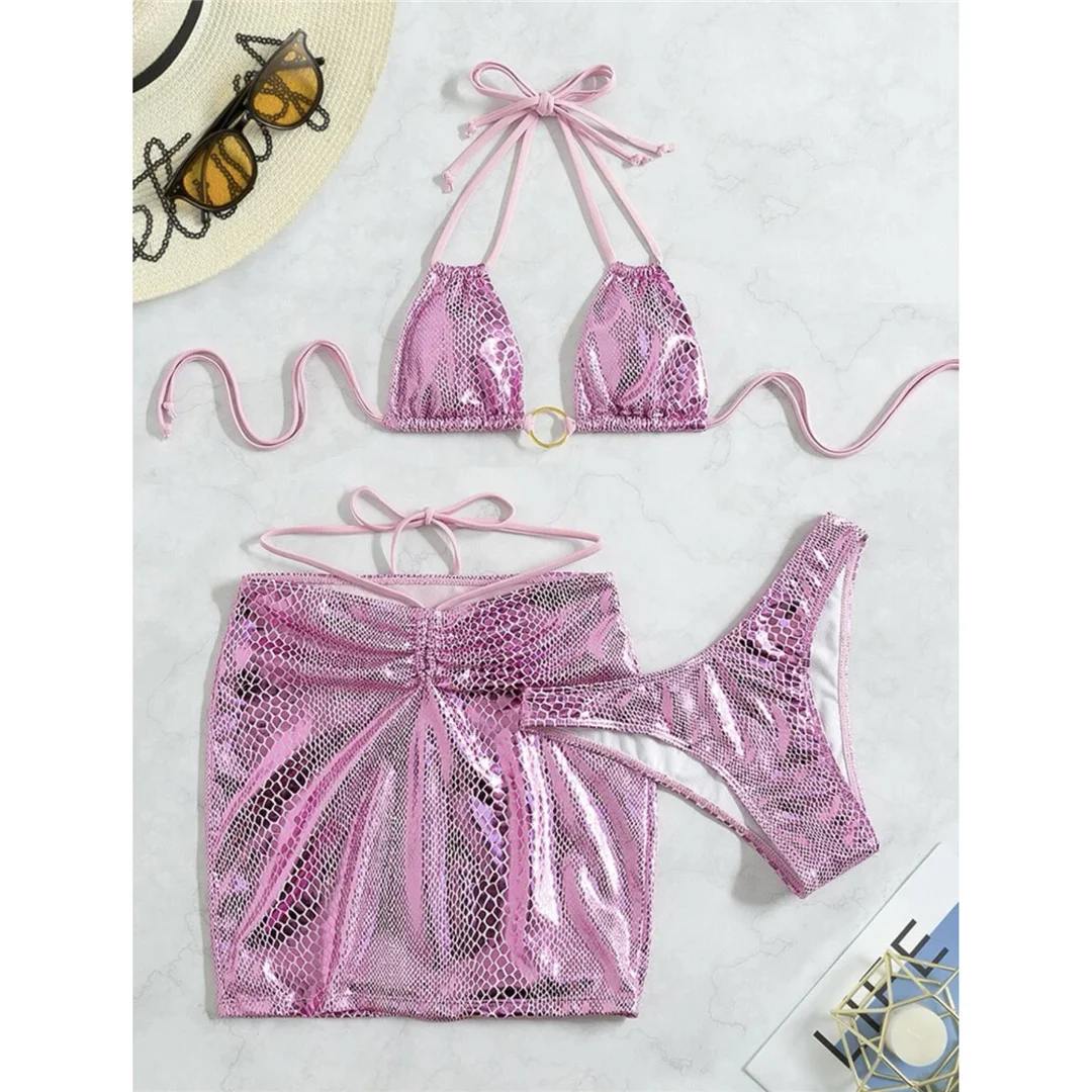 Sexy mit Rock, glänzender Schlangenhaut-Bikini, Damen-Badebekleidung, dreiteiliges Bikini-Set, Badeanzug, Badebekleidung, Schwimmbekleidung V4237 – Detail 15
