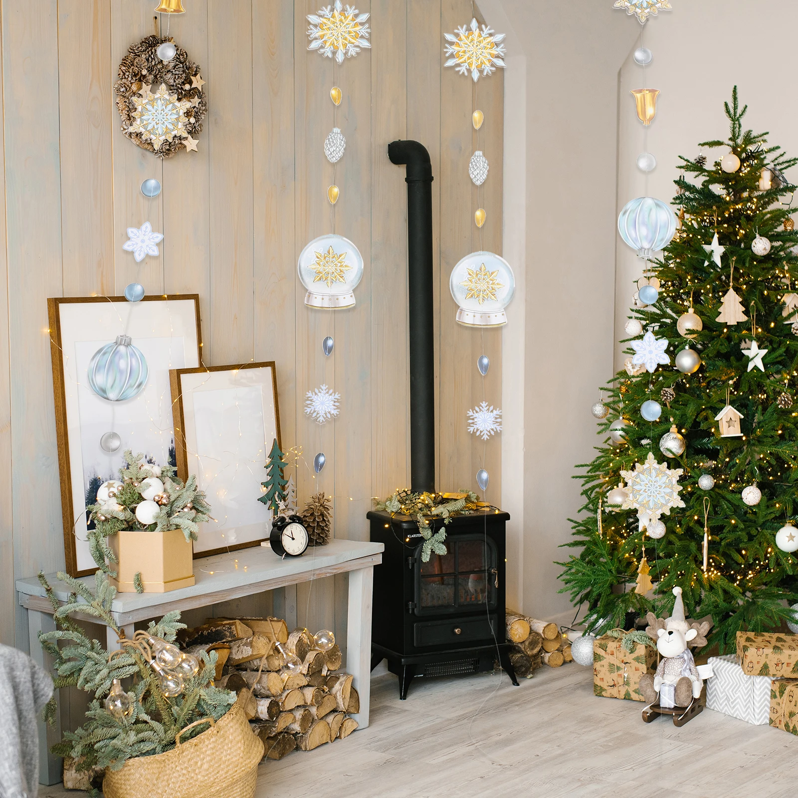 

4Pcs Christmas Hanging Snowflakes Bell Garland Paper Decorations Xmas Party Home Wall Window Door Decorative Banner