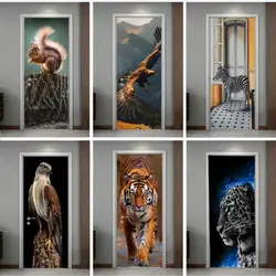 3D Realistic Animal Photo Door Stickers Self-adhesive Waterproof PVC Ferocious Tiger Wolf Beast Door Wallpaper Home Decorative