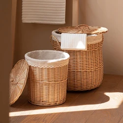Willow Weaving Laundry Hamper Home Dirty Clothes Storage Basket with Cover Rattan Organizer for Laundry Room Bathroom Organizer