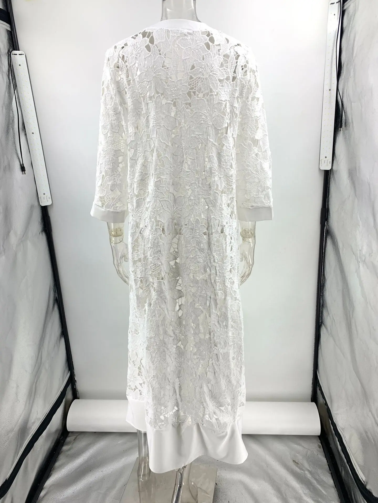 2024 Autumn Women White Embroidery Jacquard Lace Crochet Dress Sexy V Neck Hollow Party Dress Flare Sleeve Bohemian Long Robes