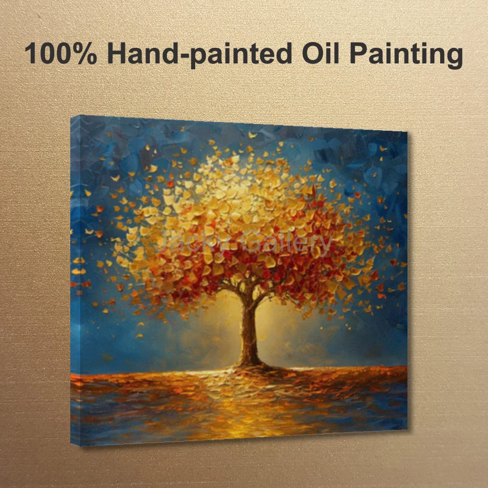 Framed Hand Painted Textured Golden Tree Oil Painting Canvas Art Abstract Landscape Modern Decor for Living Room Office Studio