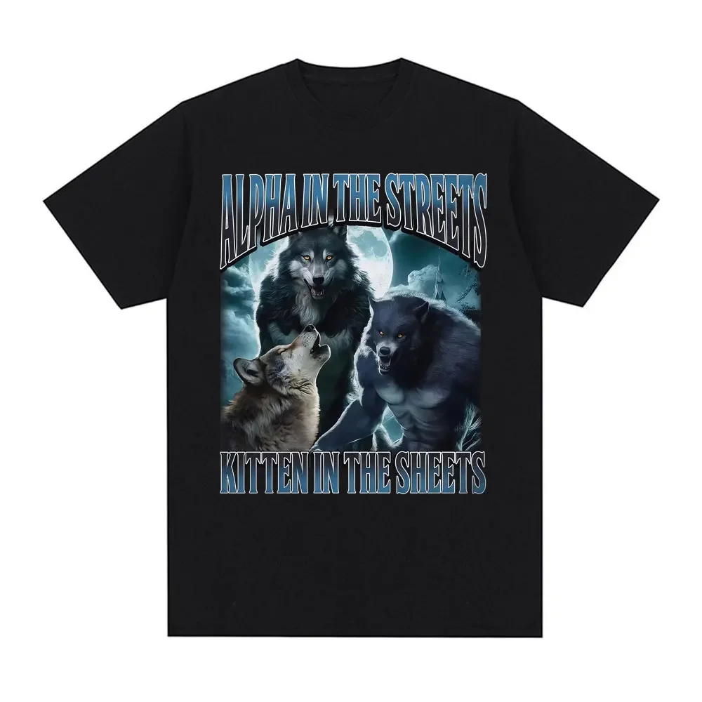 Funny werewolf meme T-shirt for womencasual and comfortable extra-large size featuring a kitten on an alpha bed on the street