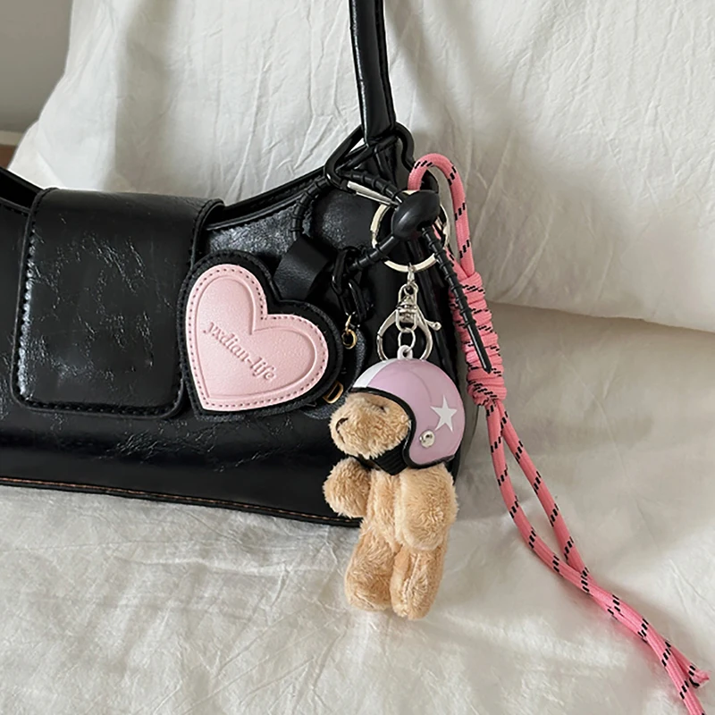 Cute Helmet Bear Pendant DIY Personality Car Key Chain Decoration Charm Woven Rope Hanging Mobile Phone Key Ring Bag Accessories