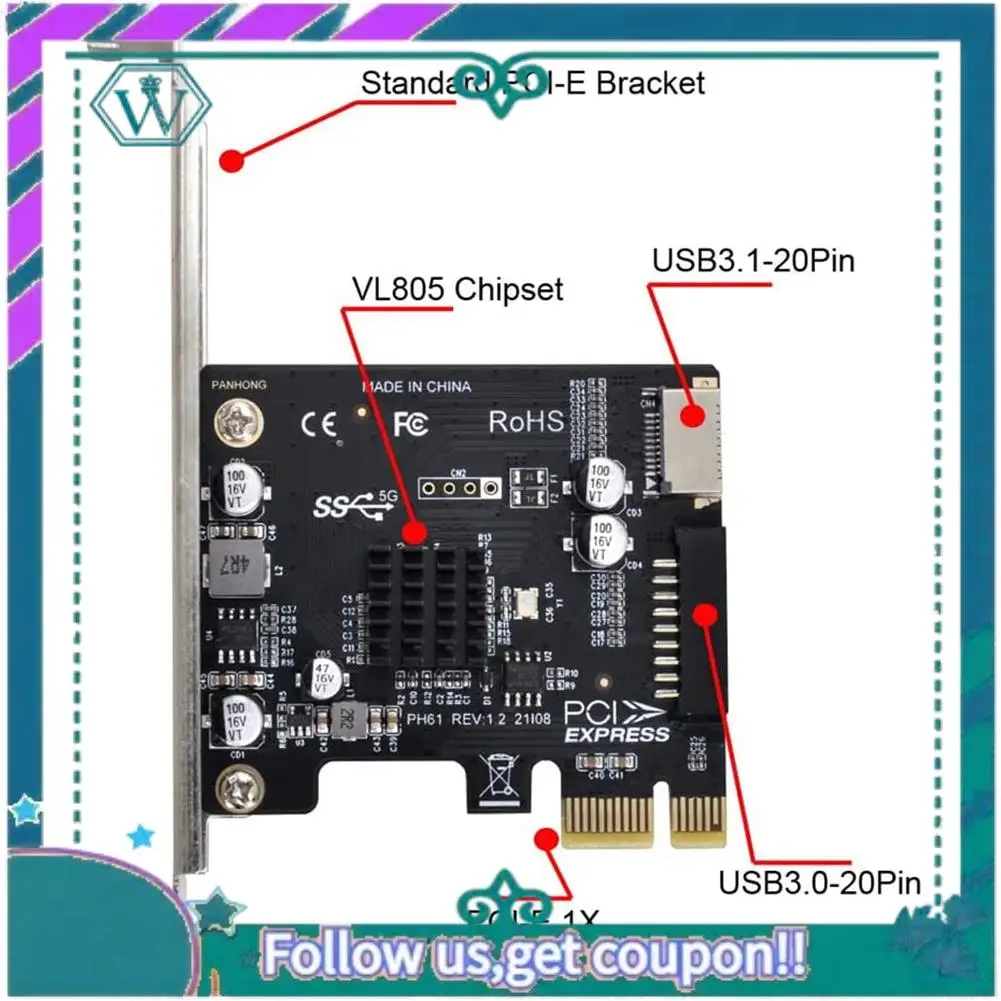 A75Q-VL805 Motherboard Adapter 5Gbps Type E USB 3.1 Front Panel Female & USB 2.0 To PCI-E 1X Express Card