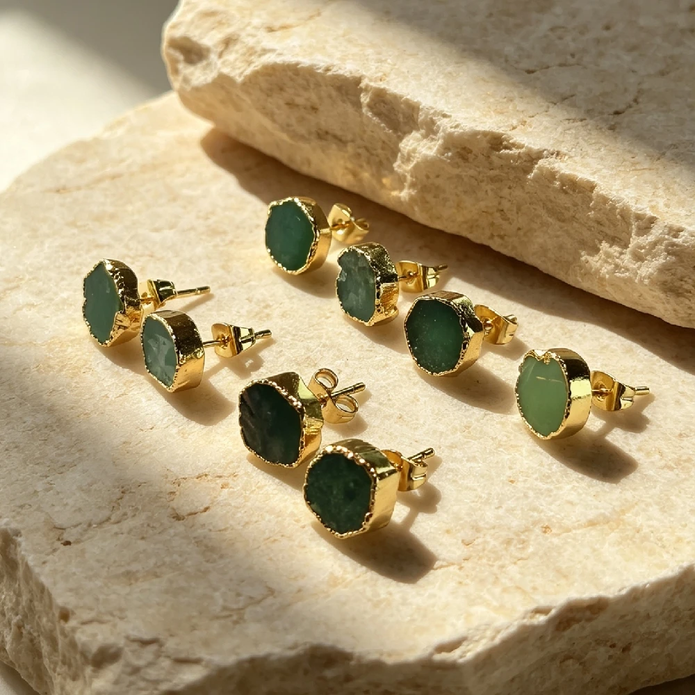 Irregular Raw Australian Jade Stud Ear Charms Rough Edge Natural Mineral Bezel Wrapped DIY Earring Fitting Golden Plated E2R1063