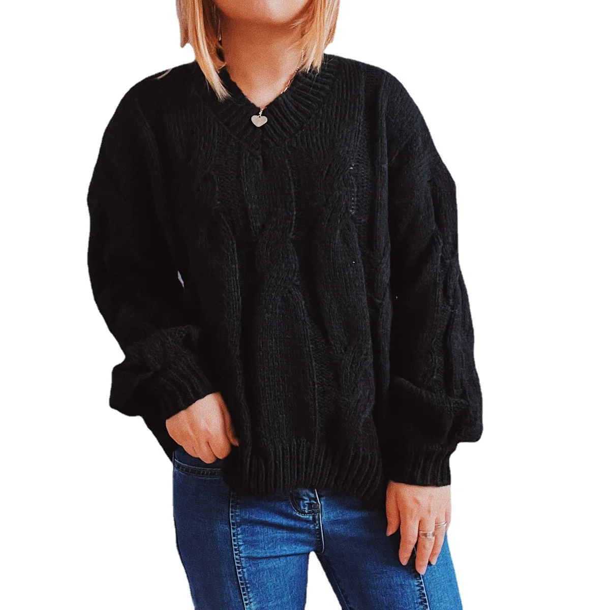 Autumn And Winter 2023 New Solid Color Big Fried Dough Twists V-neck Long Sleeve Knitting Pullover Bottoming Sweater Women