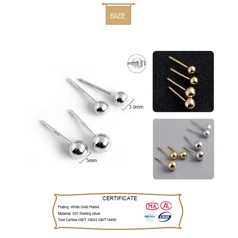 TrustDavis Genuine 925 Sterling Silver Cute Small Gold Silver Ball Beads Stud Earrings For Women Sterling Silver Jewelry XY1331