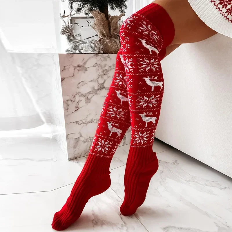 Stoking wol rajut Natal lintas batas untuk wanita kaus kaki tumpukan tinggi lutut panjang lantai Jacquard kepingan salju rusa Natal