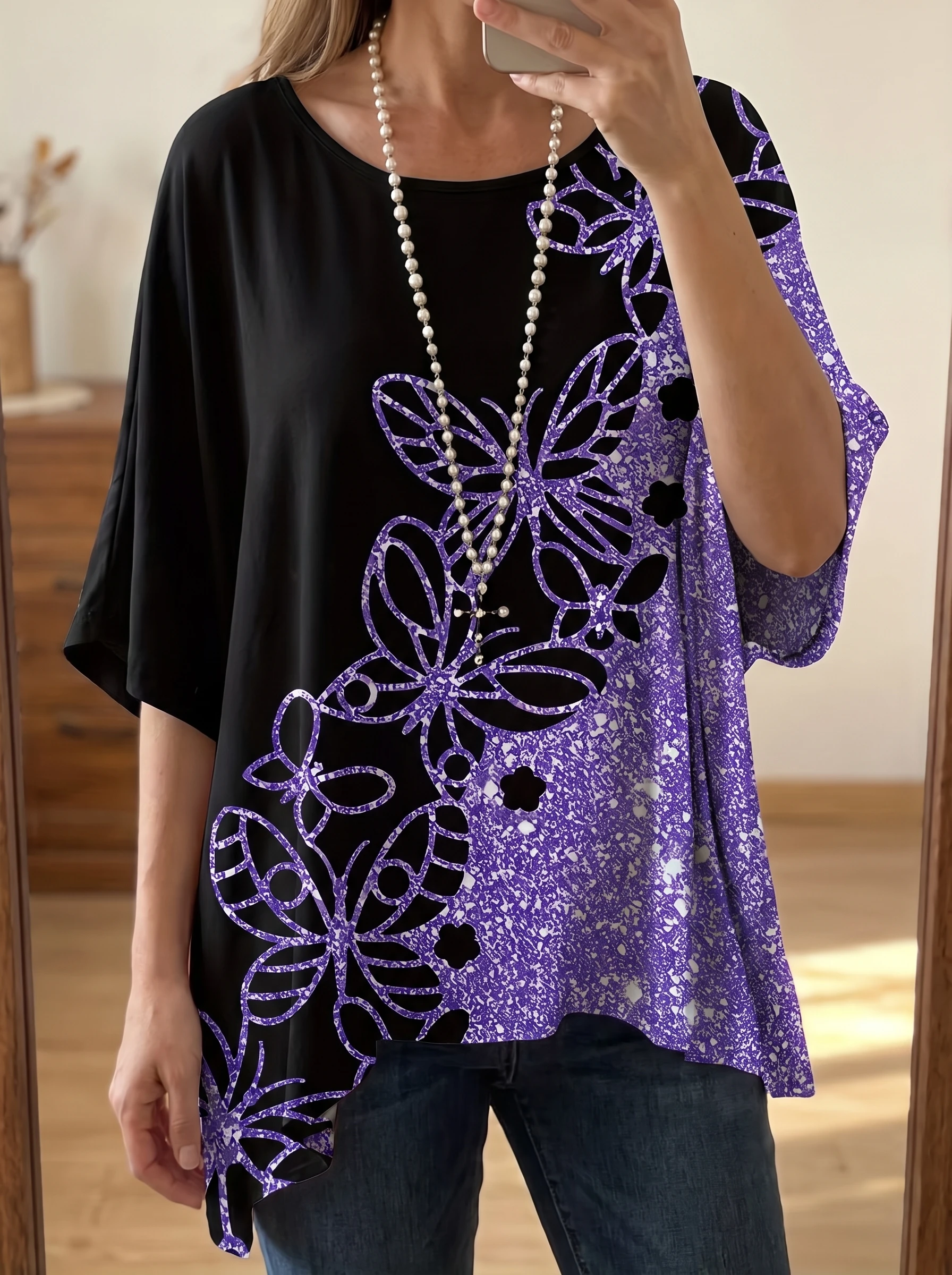 Gadinus Plus Size Damen-Bluse mit abstraktem Aufdruck, lockere Passform, langärmlig, asymmetrischer Saum, Übergröße, lässiges bedrucktes Tunika-Oberteil – Detail 7