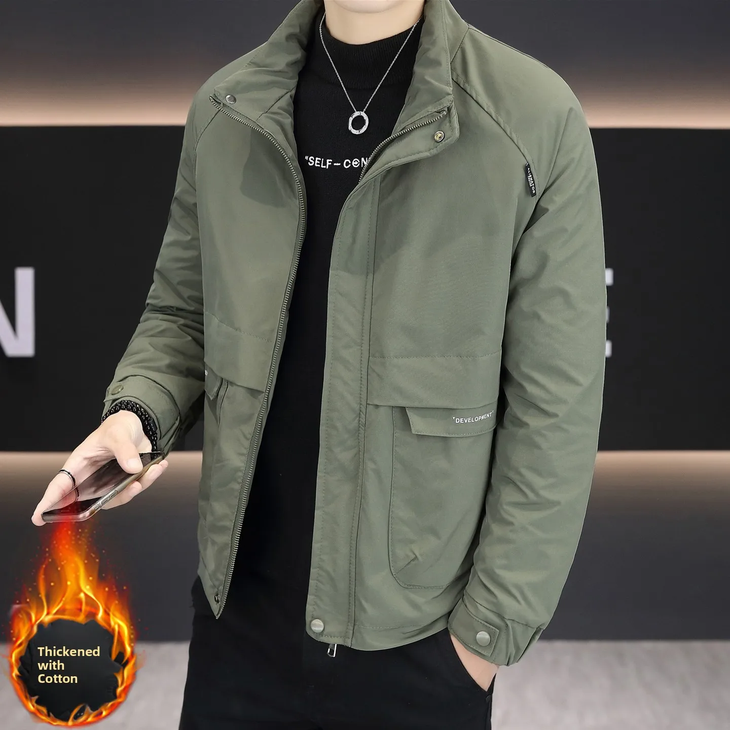 

2025 New Men's Jaet Thiened Cotton Faionable Korean Sle Versatile Haome Autumn Winter Outerwear Stand Fit Zippe...