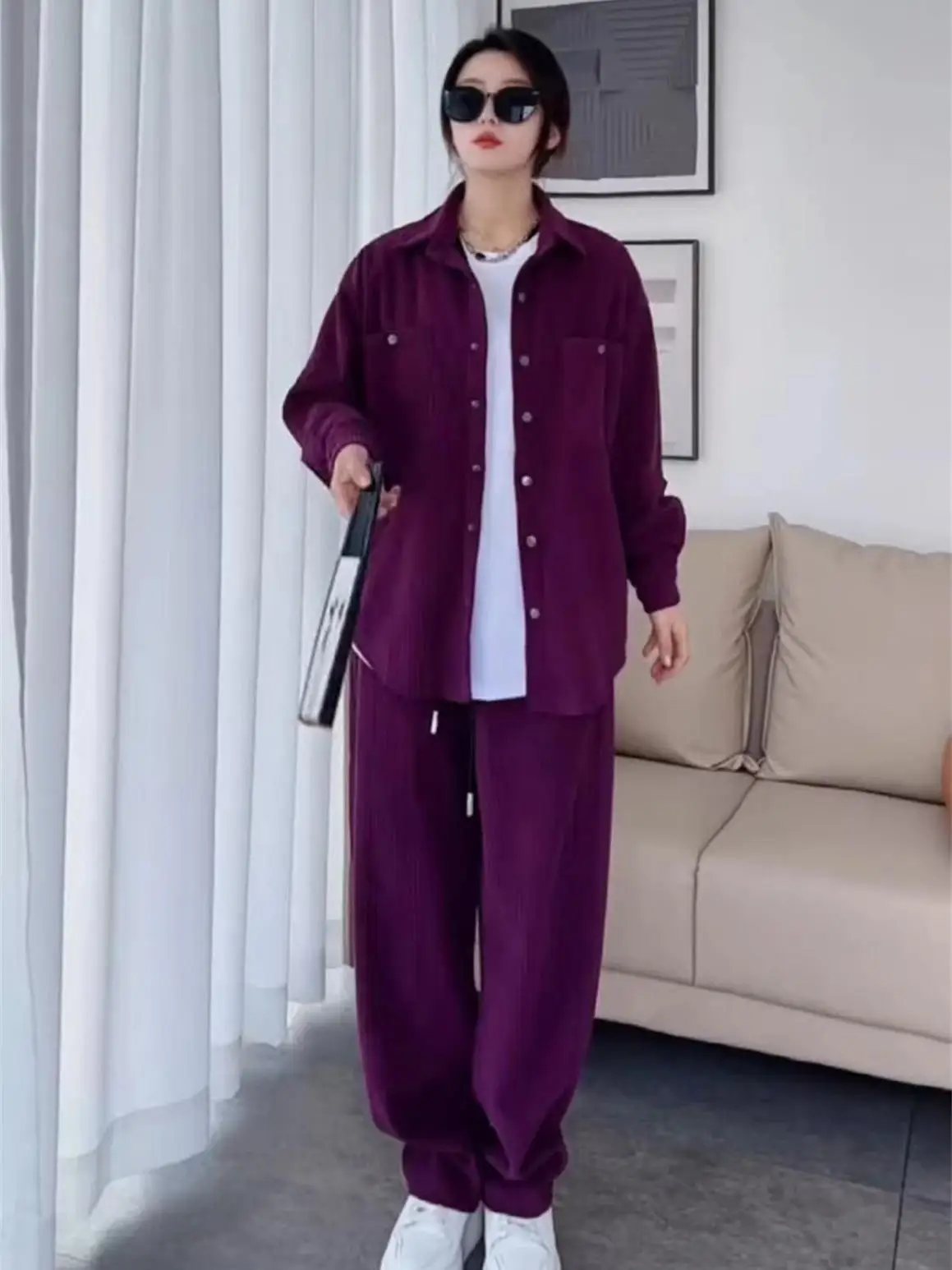 

Faionable Casual Men's Two-Piece Set Striped irt Jaet And Loose Pants Autumn New Arrival Polyester Long Sve Long Pants
