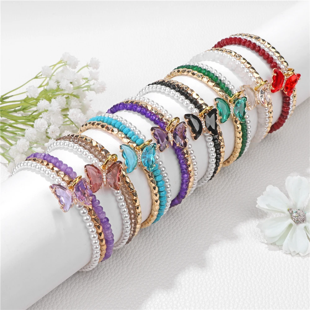 Shiny Colorful Crystal Butterfly Shape Charm Bracelets Natural Stone Quartzs Bracelets Set For Womne Girl Cute Designer Jewelry