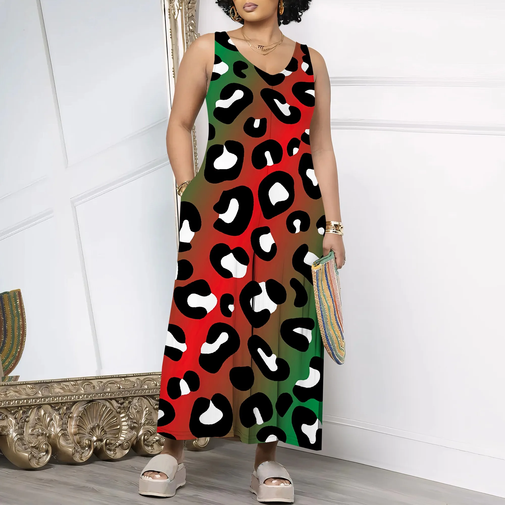 

Nupusa Leopard Print Jumpsuit for Women Standard Size Summer Casual V Neck Sleeveless Wide Leg Jumpsuit