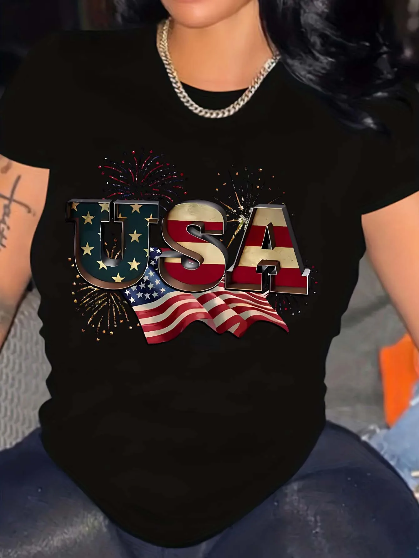 

Casual Style Women's Short Sleeve Crew Sports Independence Flag Letter Graphic Sports T-Shirt Summer